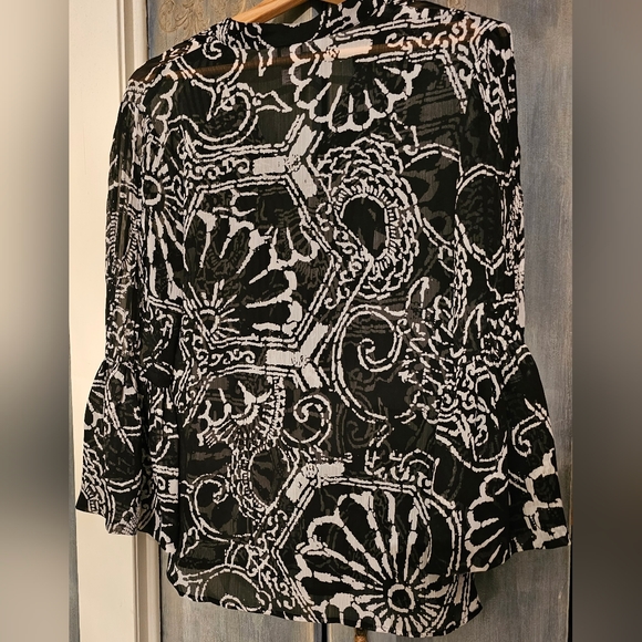 Vintage 90s Cache Sheer Blouse S Black White Pintuck V Neck Pullover - Picture 8 of 11